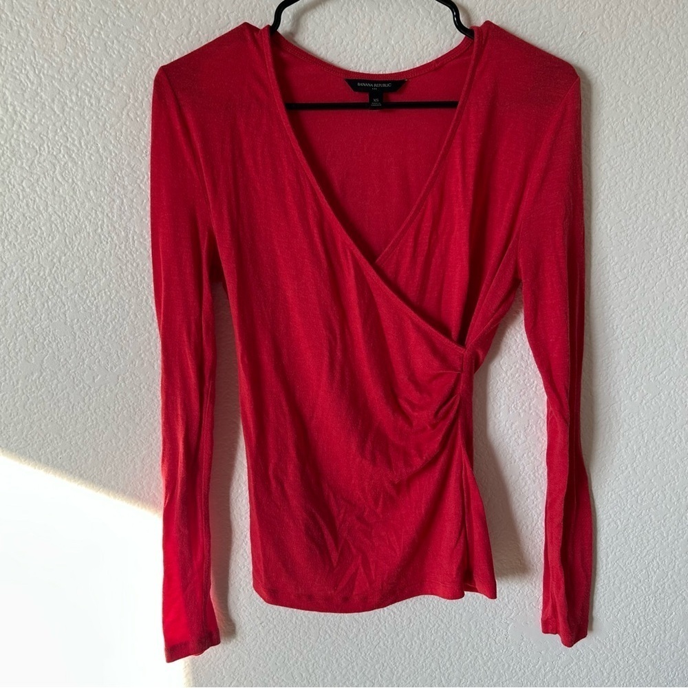 Banana Republic Red Business Casual, Long Sleeve Wrap V Neck Blouse, Top,